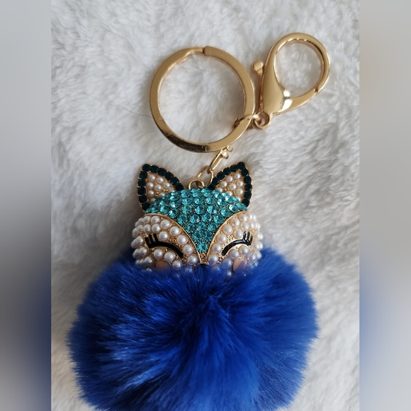 Blue Fox Pom Pom Rhinestone Keychain Bag Charm - Picture 2 of 3